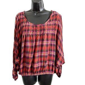 Jessica‎ Simpson Metallic Plaid Long Sleeve Knits  Blouse Top Red Size Small